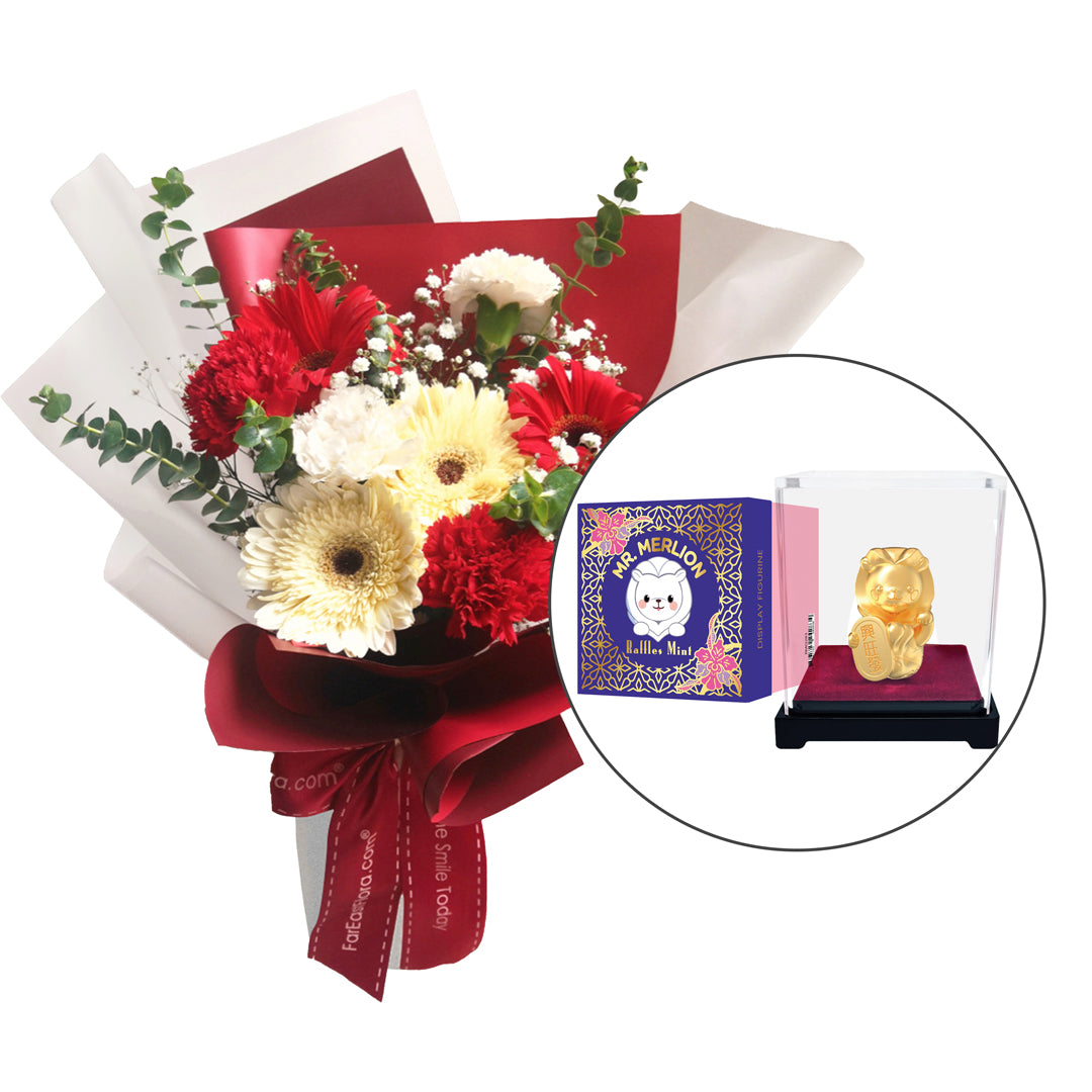 24K Gold Foil Fortune Mr. Merlion Mini Figurine (Singapore Mint) x Flowers Gift Set