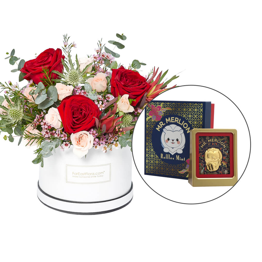24K Gold Foil Fortune Mr Merlion in Frame (Singapore Mint) x Flowers Gift Set