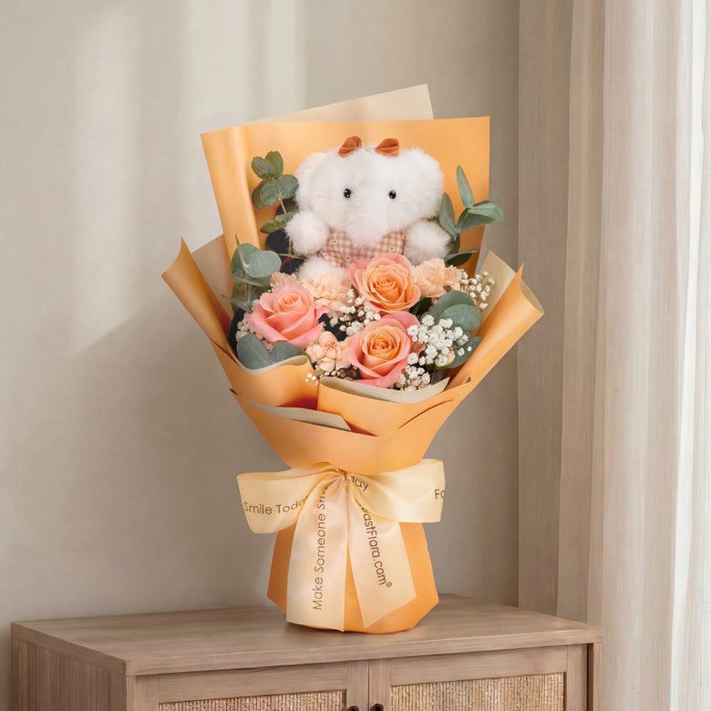 Peach & Bow – Flower Bouquet & Plush