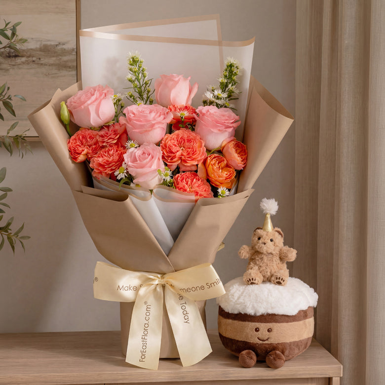 Slice of Joy – Flower Bouquet & Plush