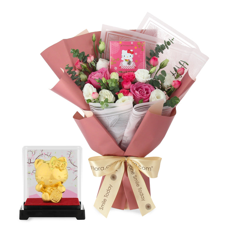 24K Gold-Foil Hello Kitty Figurine (The Singapore Mint) x Flowers Gift Set