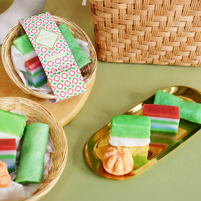 Kuih-Muih Soap Basket features handcrafted soaps shaped like nostalgic Nonya treats