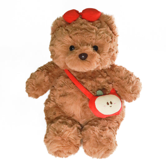Brown Bear Plush with Apple Sling Bag and Bow