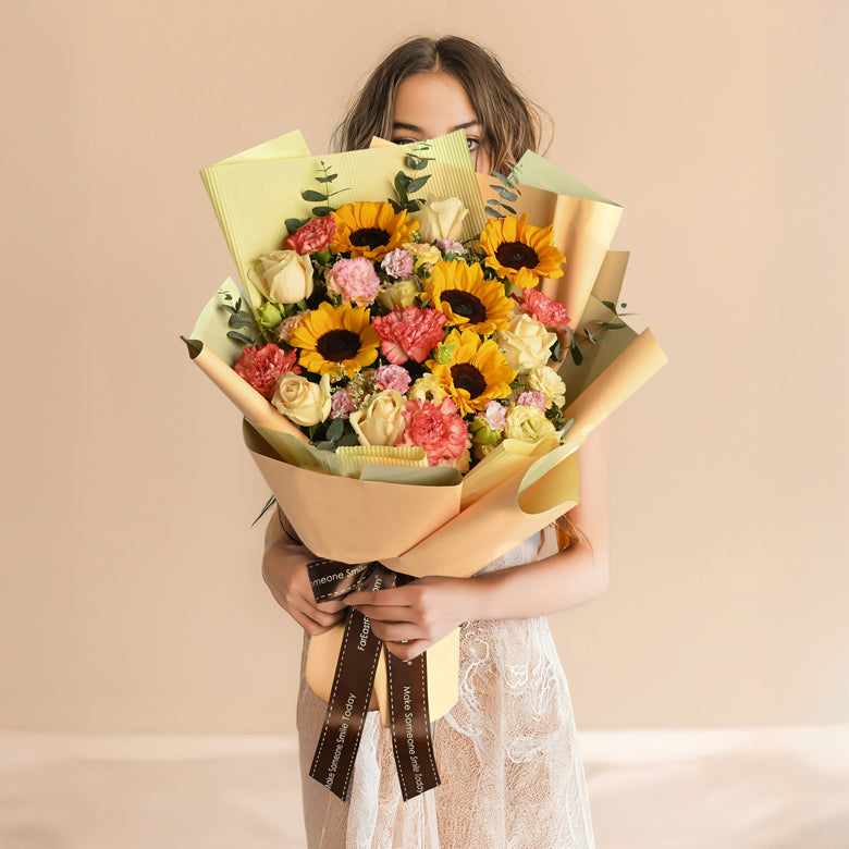 Heart Of Gold – Sunflowers, Roses, Carnations - Flower Bouquet