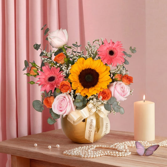Golden Cheer – Sunflower, Roses - Table Flowers