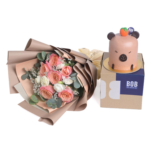 Flowers with Bob the Baker Boy Capybara with Orange Mini Chocolate Cake