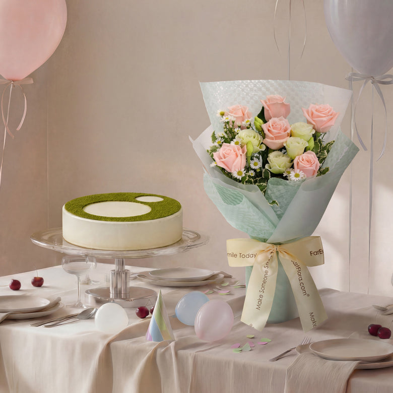 Flowers with Cemoi White Chocolate Matcha Tea Frozen Cake