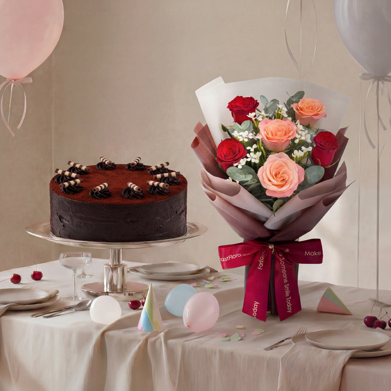 Flowers with Pastry World Chocolate Ganache Frozen Cake (Halal-certified)