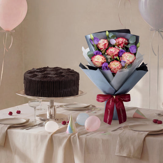Flowers with Pastry World American Chocolate Fudge Frozen Cake (Halal-certified)