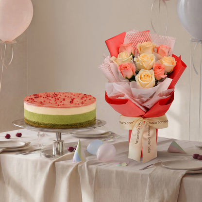 Flowers with Cat & the Fiddle Pistachio Raspberry Frozen Cheesecake (Halal-certified)