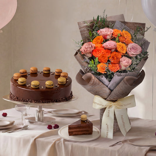 Flowers with Pastry World Callebaut Chocolate Frozen Cake (Halal-certified)