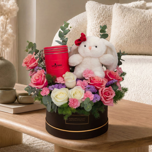 Cookie Cuddles – Chocolate, Flower Box & Plush