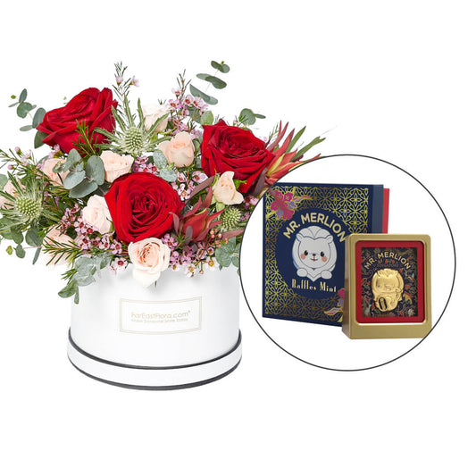 24K Gold Foil Fortune Mr Merlion in Frame (Singapore Mint) x Flowers Gift Set