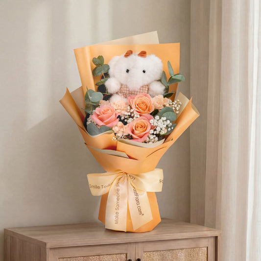 Peach & Bow – Flower Bouquet & Plush