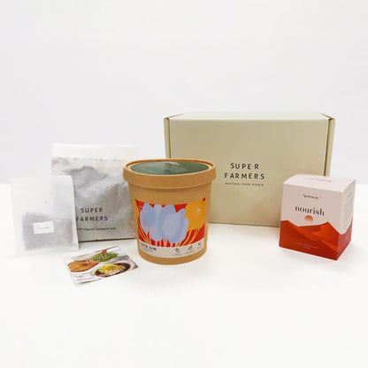 Nourish Apoteacary Tea, a caffeine-free herbal blend that supports digestion and immunity, and a Chye Sim Microgreens Starter Kit